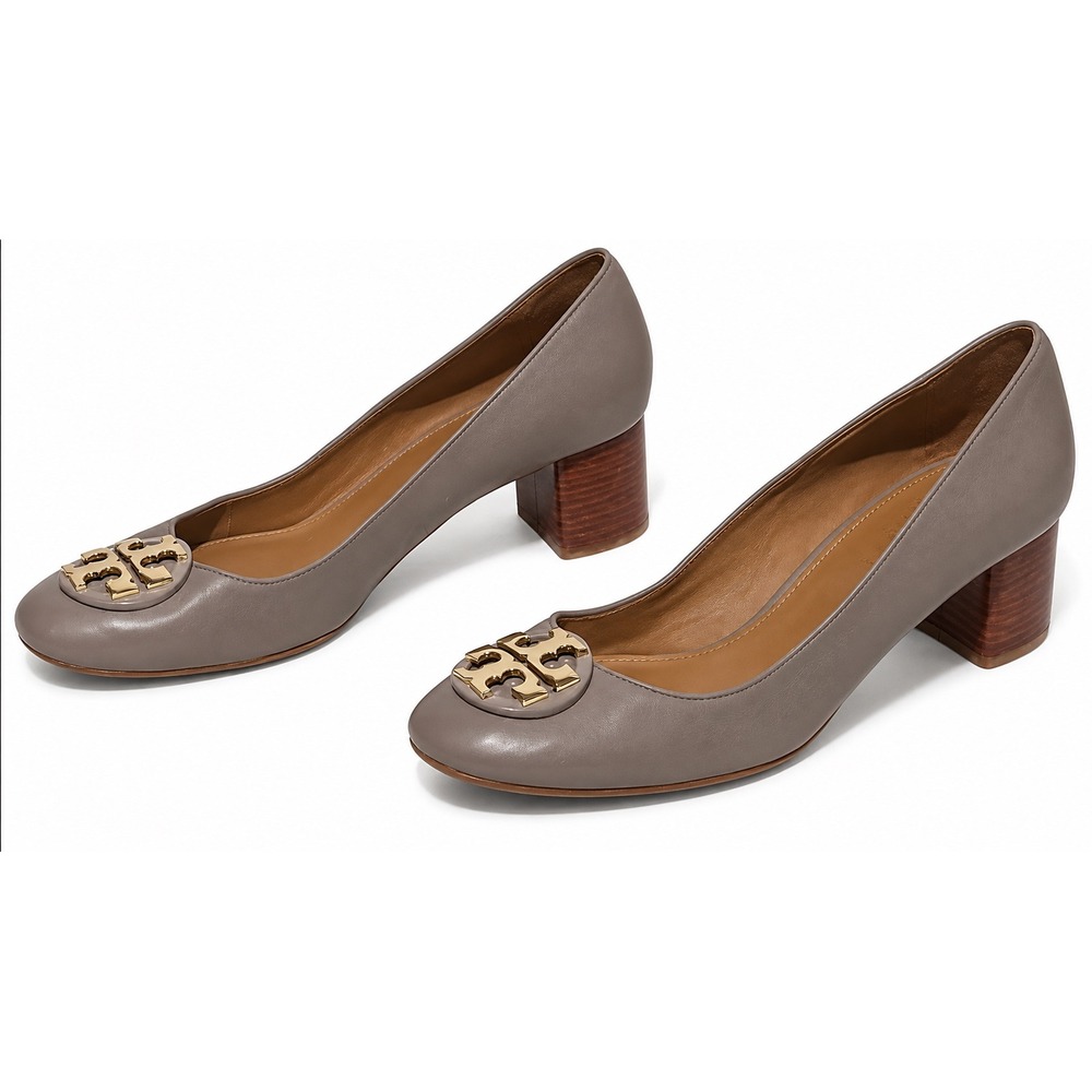 Tory Burch Chelsea Pump Women 10 Taupe Good Leather Block Heel Gold Logo